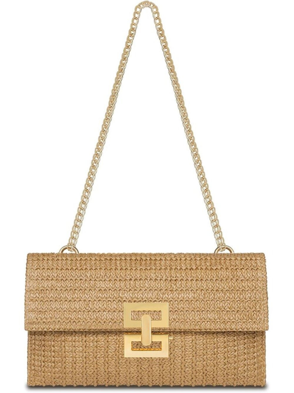 Gold-Chain Woven Shoulder Bag in Natural Straw